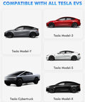 Image showcasing compatibility of Sae J1772 To Tesla Charging Adapter Plug And Go With 80 Amp 240 Volt Max For Model Three Y X S with different Tesla EV models.