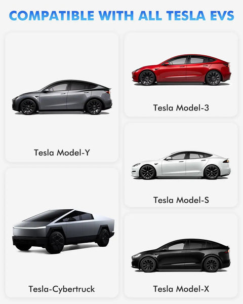 Image showcasing compatibility of Sae J1772 To Tesla Charging Adapter Plug And Go With 80 Amp 240 Volt Max For Model Three Y X S with different Tesla EV models.
