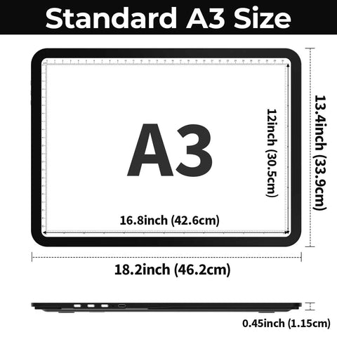 Rechargeable A3 Light Pad With Built In Stand And Bag For Tracing Diamond Painting And Drawing Super Bright Magnetic Light Box dimensions showing A3 size and thickness of the pad.