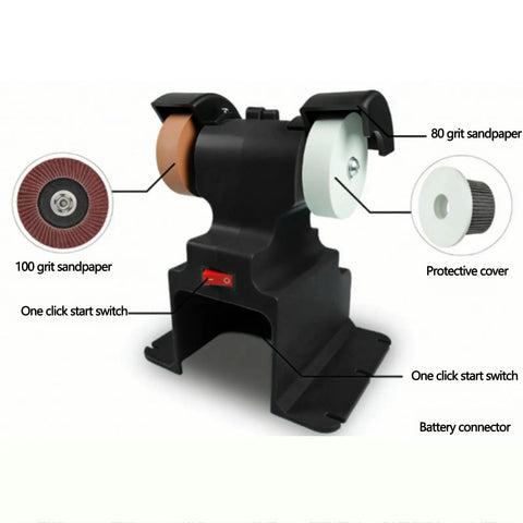 Close-up of the Top Rated Asixxsix Mini Bench Grinder Polisher 200W 7000Rpm showing 100 grit and 80 grit sandpaper with controls.