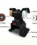 LiebeWH Mini Bench Grinder With 2 Grinding Wheels And Polishing Attachments For Craft Metal Work and Wood Buffing, showing controls and grit options.