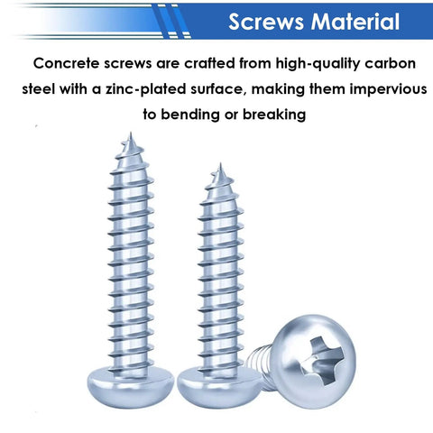 Close-up of screws from 182 Piece Concrete Anchors And Screws Kit With 90 Wall Anchors 90 Masonry Screws And 2 Drill Bits For Brick Concrete And Masonry Mounting Diy Projects And Quick Secure Anchoring For Any Home Or Garage