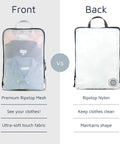 Front and back view of Large Compression Packing Cube Set With See Through Mesh For Travel Organizers, labeled with features.
