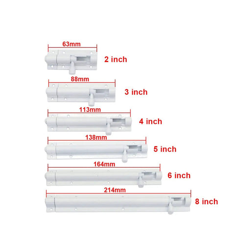 Barrel Bolt Door Latch Security Lock Hardware for Aluminum Alloy Gate in various lengths from 2 to 8 inches.