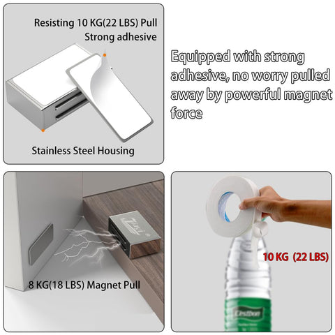 Magnetic Cabinet Catches With Ultra Strong Adhesive No Tools Needed For Quick No Hassle Install On Kitchen Cabinets Cupboards Wardrobes And Drawers Easy Install Self Locking Door Magnets shown resisting pull force.