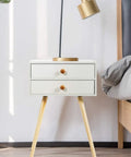 Killer White Industrial End Tables And Nightstands Set Of Two With Smooth Glide Drawers For Your Prime Bedroom Vibe Big Time Storage Bedside Side Tables Solid Wood Frame Totally Lightweight, featuring two drawers and a lamp.
