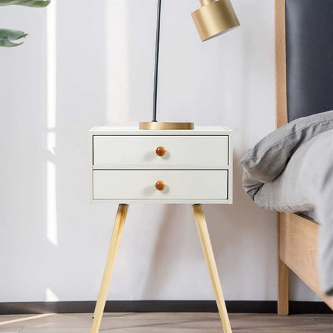 Killer White Industrial End Tables And Nightstands Set Of Two With Smooth Glide Drawers For Your Prime Bedroom Vibe Big Time Storage Bedside Side Tables Solid Wood Frame Totally Lightweight, featuring two drawers and a lamp.