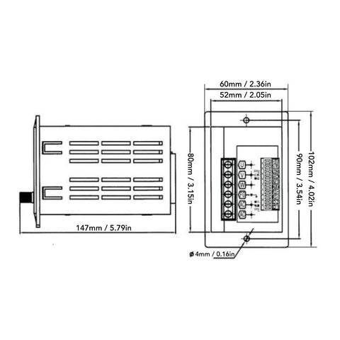 1.1KW VFD Inverter With 176-264V Input And 0-220V Output For Spindle Motor Speed Control, 0.1-400Hz Range, Copper Core Coil, High Load Capacity, Built For Beast Performance., side and front dimension drawing with terminal layout