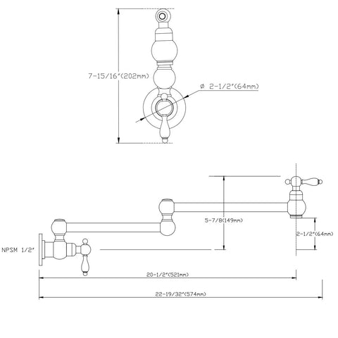 Technical drawing of Bronze Pot Filler Faucet Wall Mount With Dual Swing Joints And 24 Inch Extension Oil Rubbed Bronze Finish.
