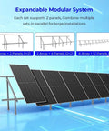 Expandable Solar Panel Ground Mount Bracket Kit With Adjustable Tilt for large arrays, shows assembly options for up to 590W panels
