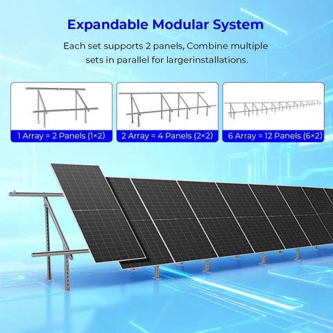 Expandable Solar Panel Ground Mount Bracket Kit With Adjustable Tilt for large arrays, shows assembly options for up to 590W panels