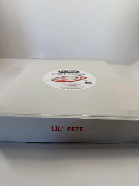 Box labeled 'Lil' Pete' for Air Filter Cleaner Kit For 1.5 To 4 Inch ID Filters With Rotating Nozzle System, Made In USA.