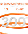 Close-up of 1/2 inch high-quality hybrid polymer hose displaying 300 PSI rating, flexible design for Kickass Retractable Air Hose Reel.