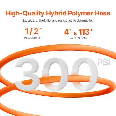 Close-up of 1/2 inch high-quality hybrid polymer hose displaying 300 PSI rating, flexible design for Kickass Retractable Air Hose Reel.