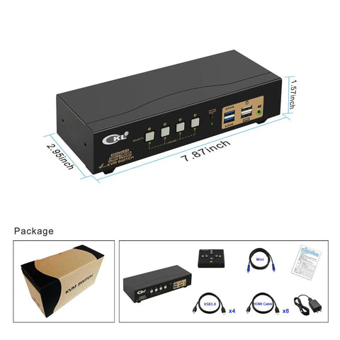 Slick Dual Monitor Kvm Switch Delivers HDMI 4K At 60Hz, 7.87x2.95x1.57 inch, connects four PCs to two displays.