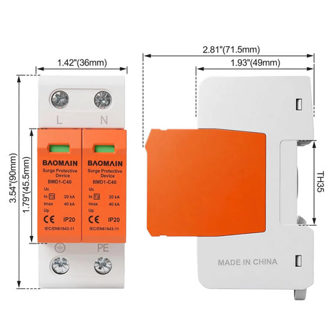 Two Pole 275V AC Surge Protector With 40kA Surge Capacity For Home And Office Single Phase DIN Rail SPD Heavy Duty Easy Install And Reliable Power Protection For Continuous Use, 2P module dimensions