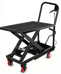 Built Tough Hydraulic Lift Table Cart, 500 Lb Scissor Platform, black steel frame with red wheels, ideal for warehouse tool moving.
