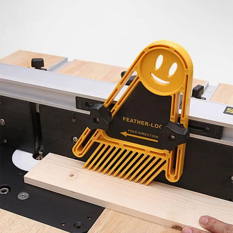Hardcore Double Feather Loc Board For Table Saw And Router Table Adjustable Woodworking Safety Tool That Grips Tight To Crush Kickback And Deliver Sweet Cuts Red positioned on a wood piece, demonstrating grip and safety.