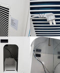Close-up of Rugged Portable Industrial Air Conditioner Loaded With A Massive Water Reservoir And Heavy Duty Caster Wheels Commercial Spot Cooler showing vent, plug and internal compartment.