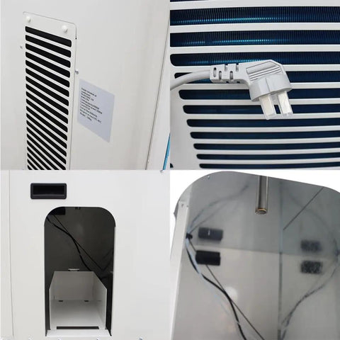 Close-up of Rugged Portable Industrial Air Conditioner Loaded With A Massive Water Reservoir And Heavy Duty Caster Wheels Commercial Spot Cooler showing vent, plug and internal compartment.