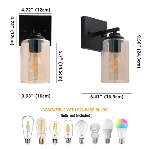 Two Pack Wall Light Sconces For Bathroom And Hallway, Cozy Vintage Farmhouse Vanity Lights, E26 bulb guide, measurements shown