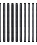 Ten Pack Half Inch By Fourteen Inch Black Malleable Iron Pipe Nipples Fittings For DIY Steampunk Industrial Vintage Style Projects, front view