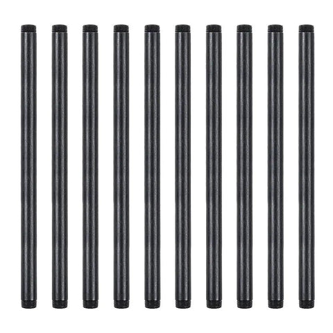 Ten Pack Half Inch By Fourteen Inch Black Malleable Iron Pipe Nipples Fittings For DIY Steampunk Industrial Vintage Style Projects, front view
