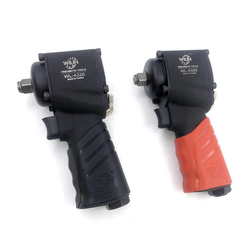 Workhorse Grade Pneumatic Air Impact Wrench Half Inch Drive Twin Hammer Design, features black and red grips, lightweight design.