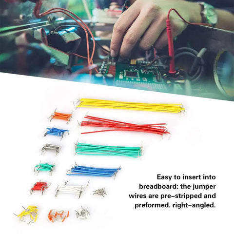Hassle Free Professional Grade Preformed Jumper Wires With Right Angle Pins For Breadboards and Circuit Prototyping, assorted colors and sizes.