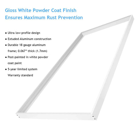 2x4 LED Flat Panel Surface Mount Kit With Aluminum White Frame and rust-resistant coating visible.