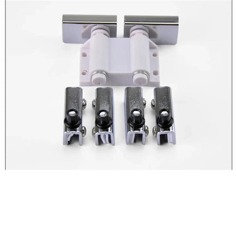 Soft Close Cabinet Door Hardware Kit With Glass Clips, Shaft Hinges and Suction Closer components on white background