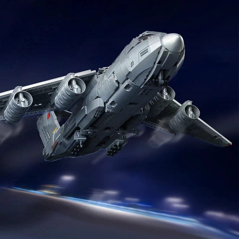 View of Y 20 Large Transport Aircraft Building Kit with movable airfoils from Battlefield Series 1736 Piece Set in flight position