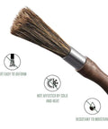 Barista Grade Coffee Grinder Cleaning Brush With Natural Boar Bristles And Walnut Handle Hanging Strap For Easy Drying Pro Home Kitchen Tool For Fresh Squeaky Clean Grinders, showing brush bristles and walnut handle close-up with durability icons