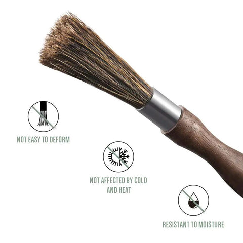 Barista Grade Coffee Grinder Cleaning Brush With Natural Boar Bristles And Walnut Handle Hanging Strap For Easy Drying Pro Home Kitchen Tool For Fresh Squeaky Clean Grinders, showing brush bristles and walnut handle close-up with durability icons