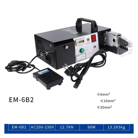 Electric Wire Crimping Machine EM-6B2 Terminal Tool with control panel, foot pedal, and power cables for efficient crimping.