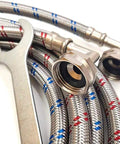 Braided Stainless Steel Washing Machine Hoses 16ft Set with 90 Degree Elbows and Octagon Connections Burst Proof Up To 1500 PSI Color Coded