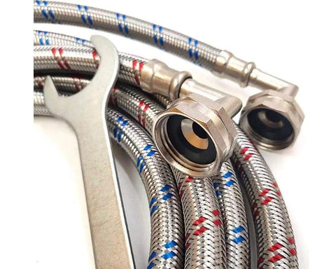 Braided Stainless Steel Washing Machine Hoses 16ft Set with 90 Degree Elbows and Octagon Connections Burst Proof Up To 1500 PSI Color Coded