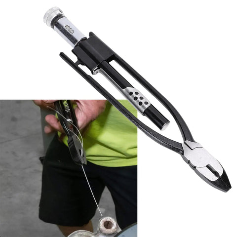 Close-up of 11 Inch Safety Wire Pliers Pro Grade Chrome Vanadium Steel Reversible Twisting Tool with self-locking design in use.