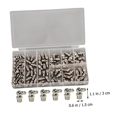 Grease Fitting Kit With Straight Nozzles Nickel Coated Zerk Fittings Assortment For Bearings And Components in case.