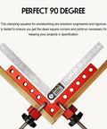 90 Degree Cabinet Clamp Set 5.5 By 5.5 Inch aluminum right angle clamps in action on wooden pieces, including rulers for precision.