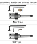 MT2-19.05mm drill sleeve R8 adapter with mandrel and Morse taper, metal with black collar; new vs old type comparison.