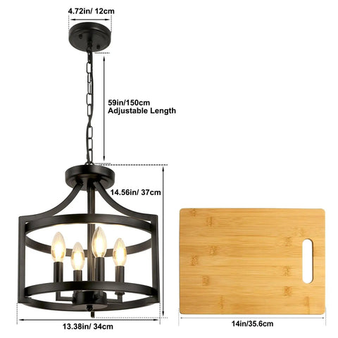 4 Light Modern Farmhouse Ceiling Chandelier Matte Black Open Cage Pendant Lighting with dimensions on display