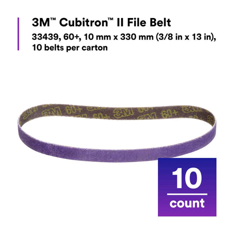 Cubitron II File Belts 60 Plus Grit 3/8 Inch By 13 Inch Pack Of 10 Resin Bonded, shown in loop format with packaging details.