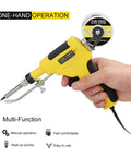 60W Automatic Soldering Gun Kit With Ceramic Heater held in hand, showing one-handed operation with soldering wire reel attached.