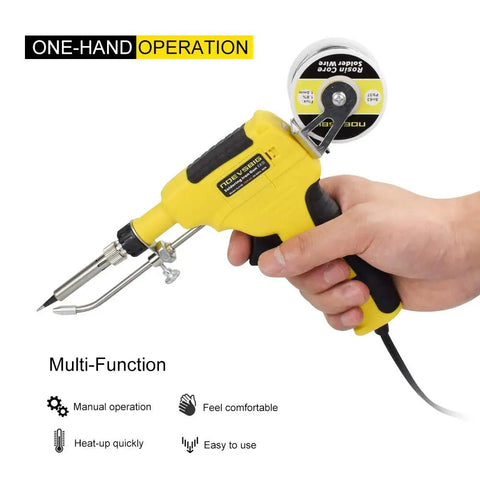 60W Automatic Soldering Gun Kit With Ceramic Heater held in hand, showing one-handed operation with soldering wire reel attached.