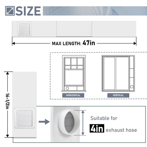 Universal 4 Inch Window Dryer Vent Kit with adjustable panels, size details, fits horizontal and vertical windows, 16.5 to 47 inches.