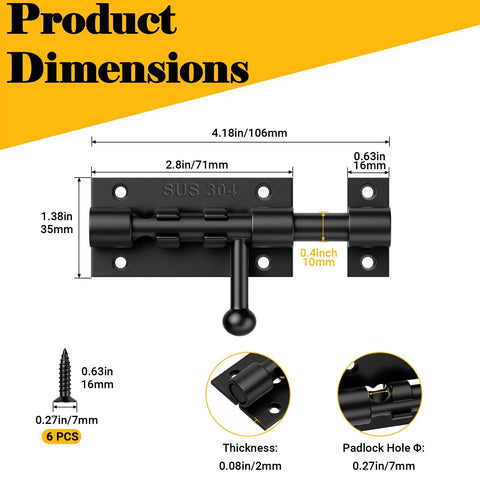 Built Like A Tank 4 Inch Slide Door Lock Latch Hella Durable SUS304 Stainless Steel Barrel Bolt For Outdoor Gate dimensions illustration