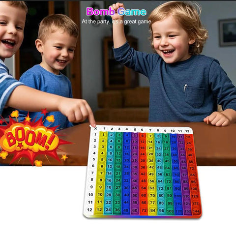Kids playing with Colorful Rainbow Multiplication Table Card Set With 12x12 Chart Flash Cards for mastering times tables.