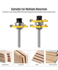 Premium 2 Piece Tongue Groove Router Bit Set Featuring 1/4 Inch Shank And Three Tooth T Shape Design for cutting through laminate and hardwood.
