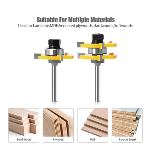 Premium 2 Piece Tongue Groove Router Bit Set Featuring 1/4 Inch Shank And Three Tooth T Shape Design for cutting through laminate and hardwood.